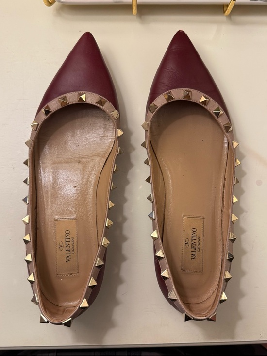 Valentino Garavani Shoes - Valentino Burgundy Pointed Rockstud Leather Flats